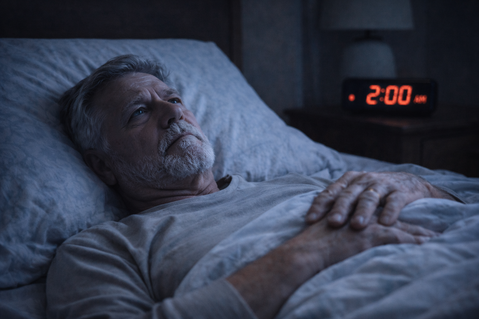 Person lying awake at 2AM with burning feet and diabetes worry